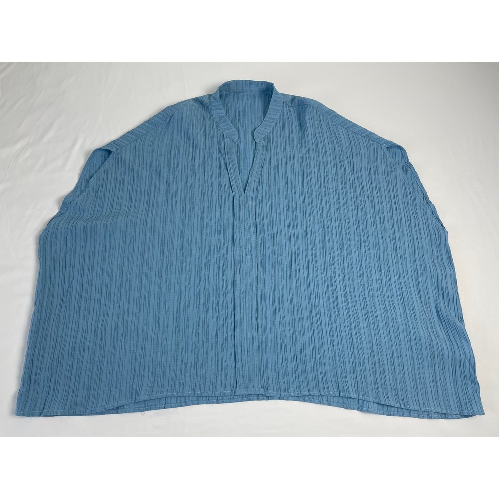 Womens Blue Crinkle Gauze Oversized Split V-Neck Top Size Large Relaxed Fit - Picture 8 of 8